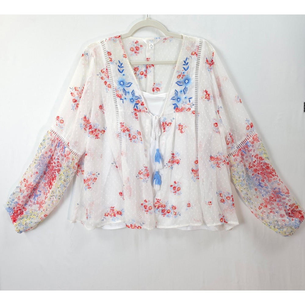 Floral Swiss Dot‎ Peasant Sheer Blouse & Cami Tassel XL Whimsical Boho Chic